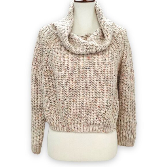 Moon & Madison Beige and Speckled Cowl Neck Cropped Chunky Knit Sweater - Picture 1 of 5